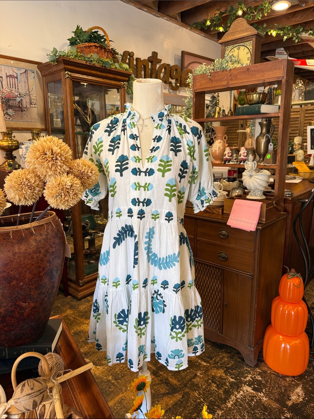 Lightweight White Floral Print Tiered Dress - Blue & Green